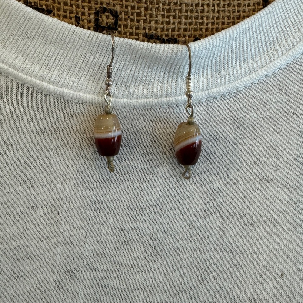 Vintage Blown Glass bead Earrings burgundy /gold metallic on goldtone wire